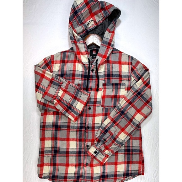Quiksilver Mens Hooded Flannel Shirt Medium Red Gray Plaid Button Up - Picture 1 of 7